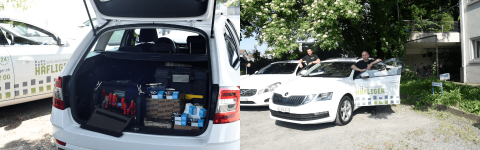 24-Stunden-Schlüsseldienst Fahrzeuge mit Spezialwerkzeug im Kofferraum und Monteure